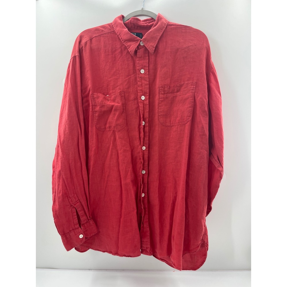 Polo Ralph Lauren Mens XL Red Linen Long Sleeve Button Down Shirt Dual Pockets